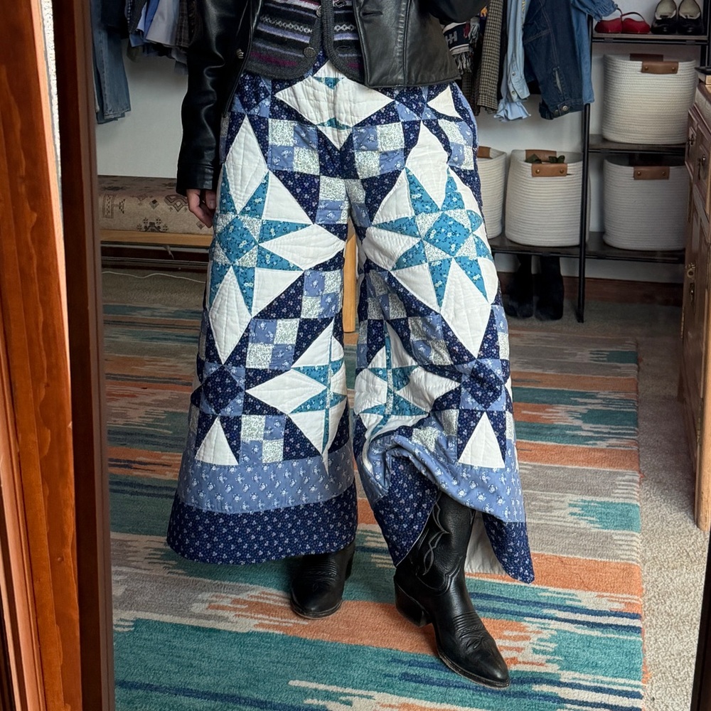 Blue Patchwork Wide-Leg Quilted Pants - Picture 10 of 10